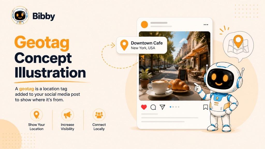 Infographic titled Geotag Concept Illustration showing a social media post with a location tag for Downtown Cafe, New York, and benefits to show location, increase visibility, and connect locally.