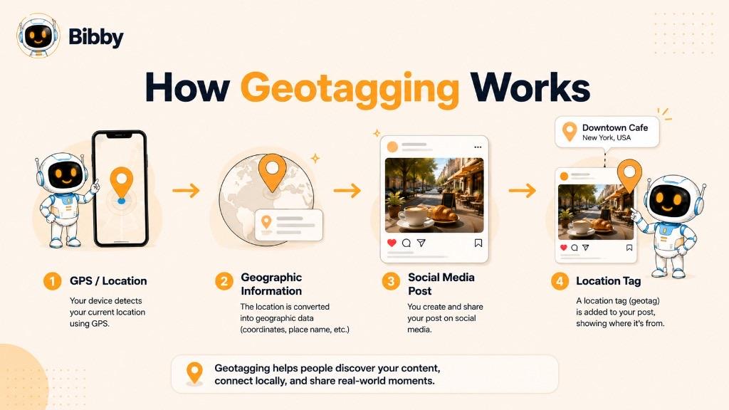Infographic titled How Geotagging Works showing four steps: GPS detects location, geographic data is created, a social media post is published, and a location tag appears on the post.
