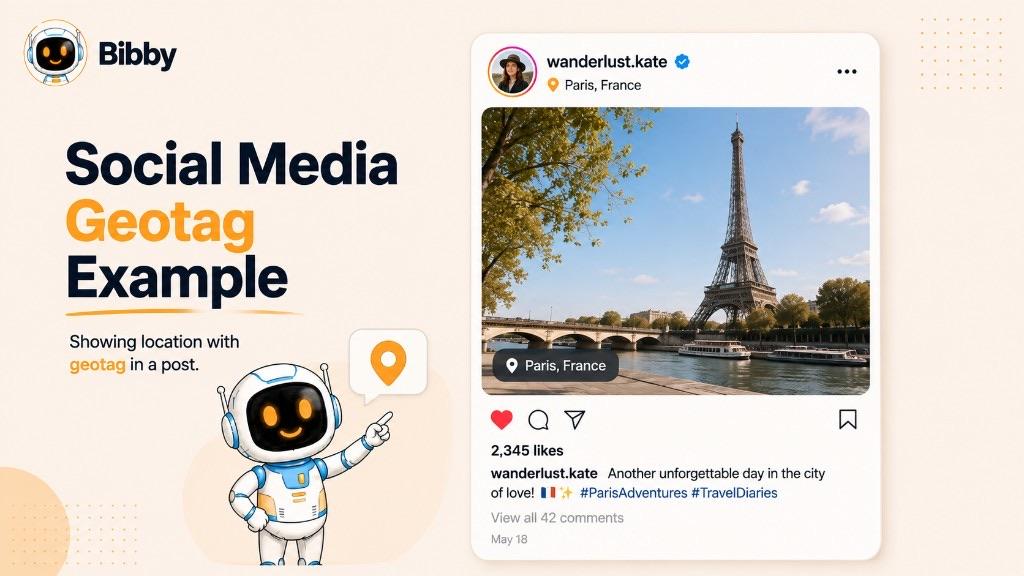 Infographic titled Social Media Geotag Example showing an Instagram-style post of the Eiffel Tower tagged Paris, France, with a location pin above the photo and on the image.