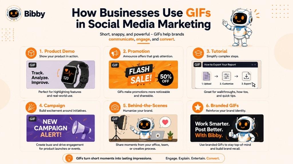 Infographic titled How Businesses Use GIFs in Social Media Marketing showing six uses: product demo, promotion, tutorial, campaign, behind-the-scenes, and branded GIFs.