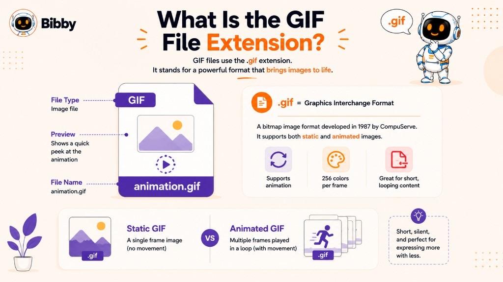 Infographic titled What Is the GIF File Extension explaining that .gif means Graphics Interchange Format and comparing a static single-frame GIF with an animated multi-frame GIF.