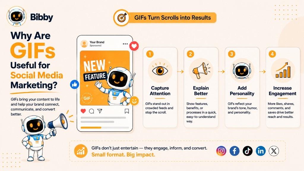 Infographic titled Why Are GIFs Useful for Social Media Marketing showing four steps: capture attention, explain better, add personality, and increase engagement, with a New Feature GIF on a phone.