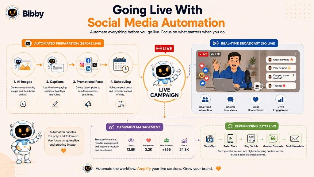 Infographic titled Going Live With Social Media Automation showing a live campaign workflow: AI images and captions, promotional posts, scheduling before live, real-time broadcast, then repurposing into clips, Reels, and posts.