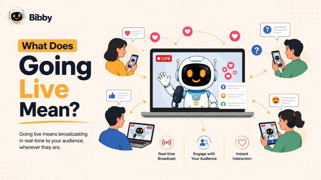 Infographic titled What Does Going Live Mean showing a LIVE laptop stream of a host with headset, viewers on phones and tablets sending hearts and comments, plus real-time broadcast, audience engagement, and instant interaction.