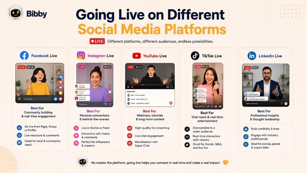 Infographic titled Going Live on Different Social Media Platforms comparing Facebook Live, Instagram Live, YouTube Live, TikTok Live, and LinkedIn Live with best-for uses and key features.