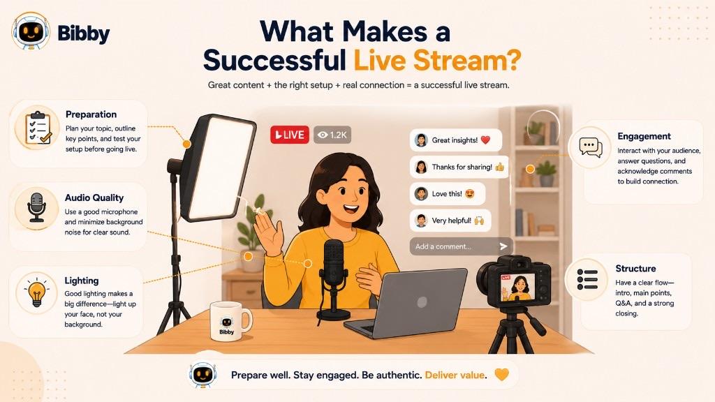 Infographic titled What Makes a Successful Live Stream showing a creator at a lit desk with microphone and camera, plus five tips: preparation, audio quality, lighting, engagement, and structure.
