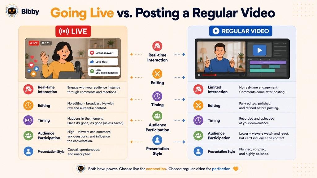 Infographic titled Going Live vs. Posting a Regular Video comparing real-time interaction, editing, timing, audience participation, and presentation style for live streams versus edited videos.