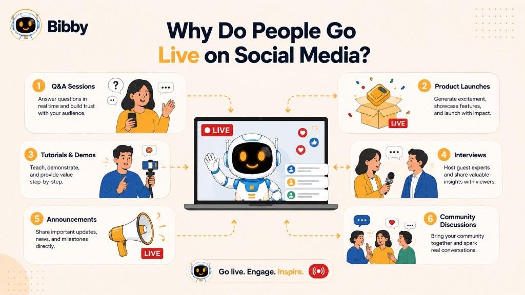 Infographic titled Why Do People Go Live on Social Media listing Q&A sessions, product launches, tutorials and demos, interviews, announcements, and community discussions around a LIVE laptop stream.