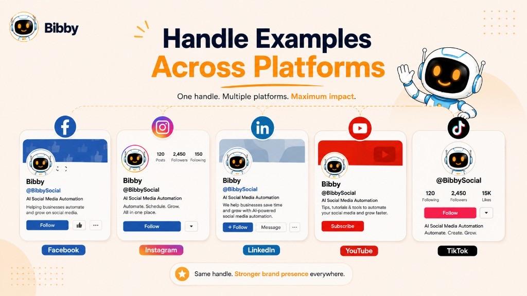 Infographic titled Handle Examples Across Platforms showing the same @BibbySocial handle on Facebook, Instagram, LinkedIn, YouTube, and TikTok profile cards.