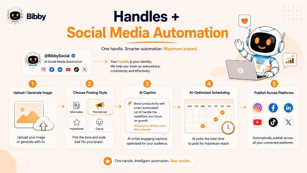 Infographic titled Handles plus Social Media Automation showing @BibbySocial as the brand identity and five steps: upload or generate an image, choose posting style, generate an AI caption, schedule, and publish across platforms.