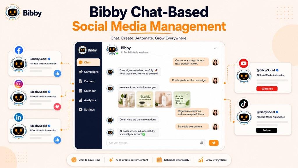 Infographic titled Bibby Chat-Based Social Media Management showing a chat that creates campaign posts and captions, with the same @BibbySocial handle on Facebook, Instagram, LinkedIn, YouTube, and TikTok.