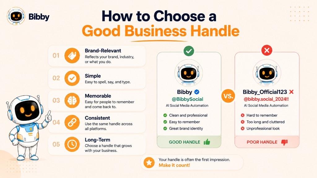 Infographic titled How to Choose a Good Business Handle listing brand-relevant, simple, memorable, consistent, and long-term, with @BibbySocial as a good example versus a cluttered username.
