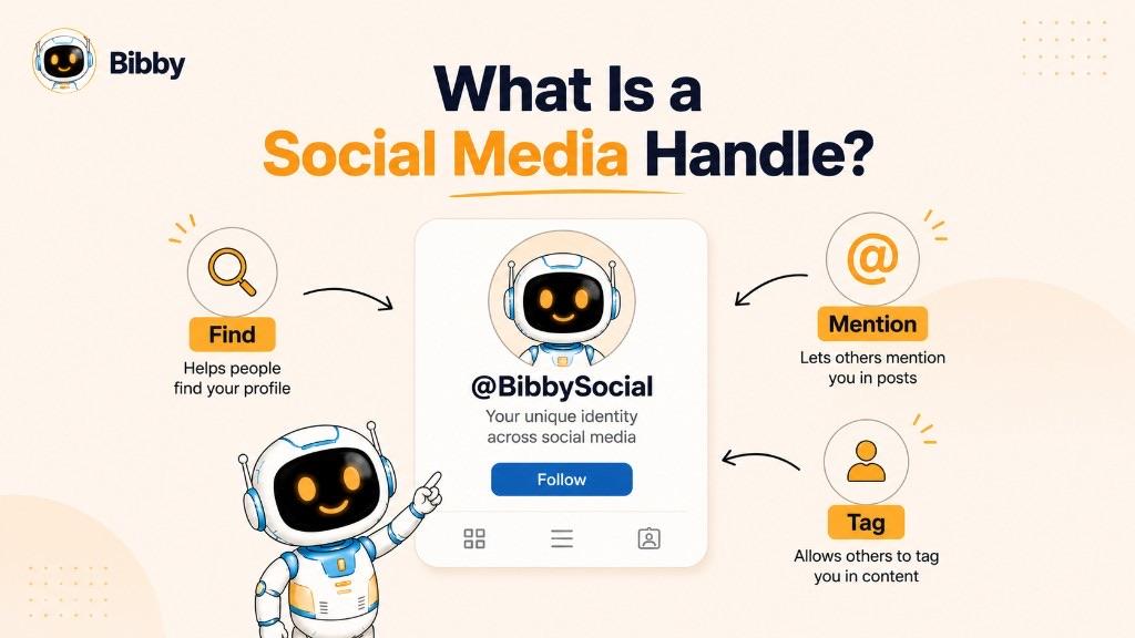 Infographic titled What Is a Social Media Handle showing an @BibbySocial profile card with three uses: find a profile, mention an account in posts, and tag someone in content.