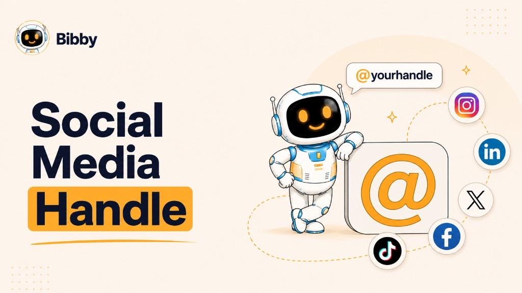 Bibby robot leaning on a large orange @ icon with a speech bubble reading @yourhandle, surrounded by Instagram, LinkedIn, X, Facebook, and TikTok logos.