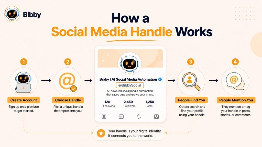 Infographic titled How a Social Media Handle Works showing four steps: create an account, choose a unique @handle, people find you in search, and people mention or tag you in posts.
