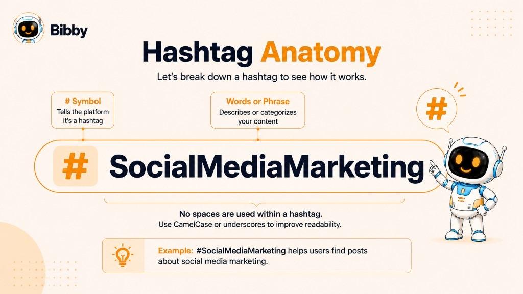 Infographic titled Hashtag Anatomy breaking down #SocialMediaMarketing into the # symbol that marks a hashtag and the words that categorize the content, with no spaces and CamelCase for readability.