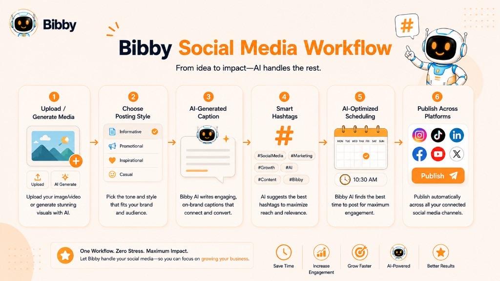 Infographic titled Bibby Social Media Workflow showing six steps: upload or generate media, choose posting style, generate an AI caption, add hashtags, schedule, and publish across Instagram, TikTok, LinkedIn, Facebook, and YouTube.