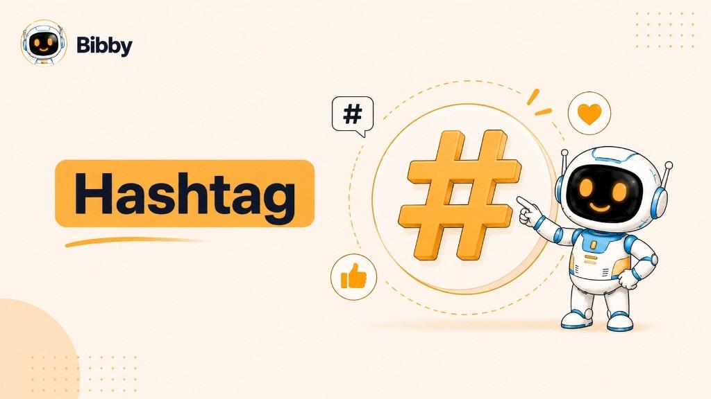 Bibby robot pointing at a large orange 3D hashtag symbol in concentric circles, with a speech-bubble # icon, thumbs-up, and heart.
