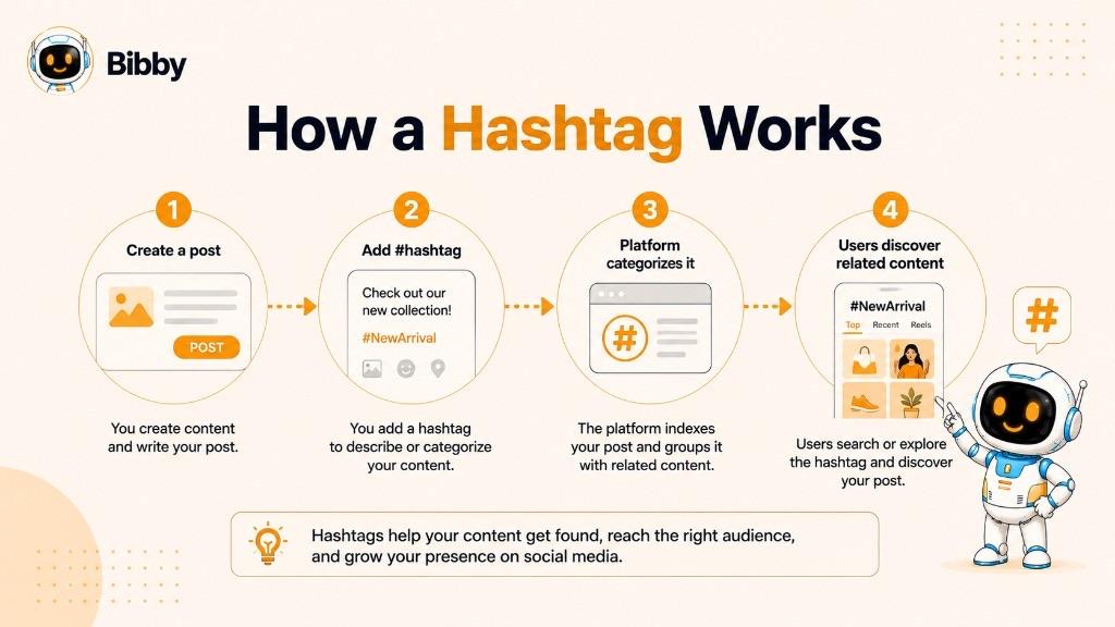 Infographic titled How a Hashtag Works showing four steps: create a post, add a #hashtag, the platform categorizes it, and users discover related content.