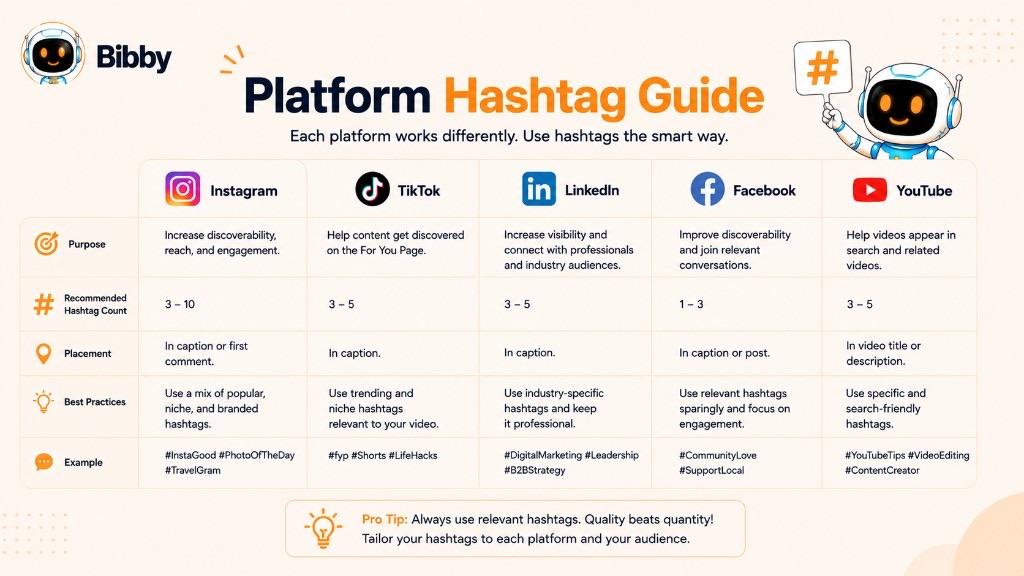 Infographic titled Platform Hashtag Guide comparing purpose, recommended count, placement, and best practices for hashtags on Instagram, TikTok, LinkedIn, Facebook, and YouTube.