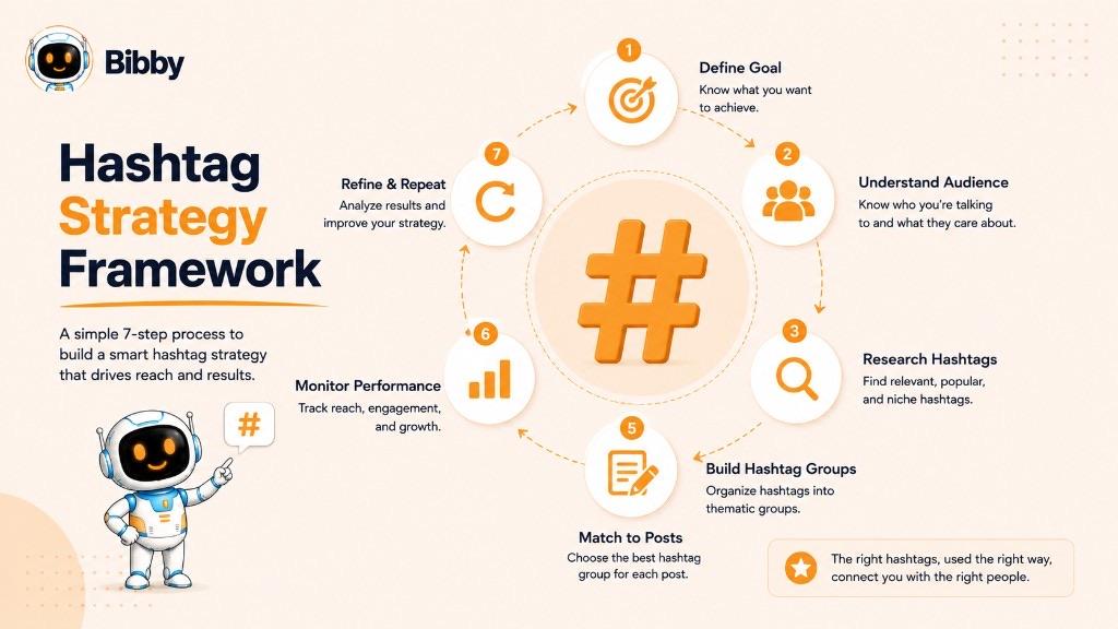 Infographic titled Hashtag Strategy Framework showing seven steps around a central #: define a goal, understand the audience, research hashtags, build groups, match them to posts, monitor results, and refine.