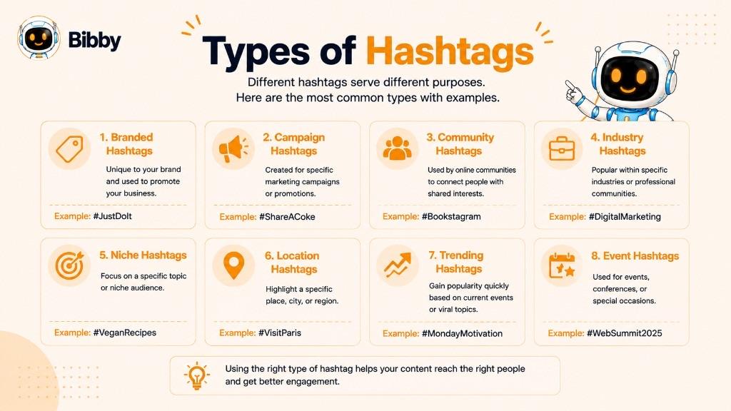Infographic titled Types of Hashtags listing eight kinds: branded, campaign, community, industry, niche, location, trending, and event, each with an example.