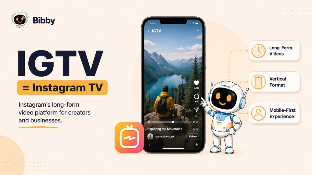 Infographic titled IGTV equals Instagram TV showing a phone playing a long-form vertical video, the IGTV app icon, and callouts for long-form videos, vertical format, and a mobile-first experience.