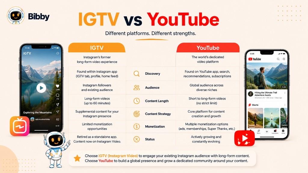 Infographic titled IGTV vs YouTube comparing discovery, audience, content length, strategy, monetization, and status for Instagram's former long-form video product versus YouTube.