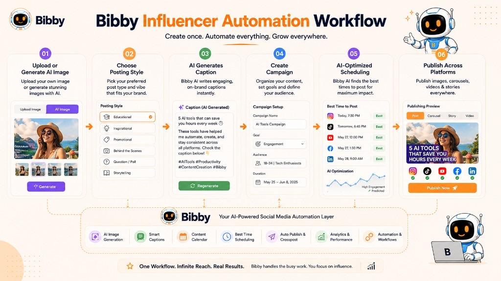 Infographic titled Bibby Influencer Automation Workflow showing upload or generate an image, choose a posting style, generate a caption, create a campaign, schedule at AI-optimized times, and publish across platforms.