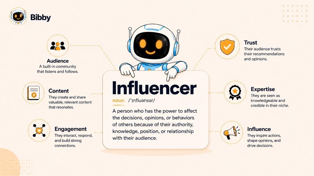 Infographic titled Influencer defining the term as a noun and showing six pillars: audience, content, engagement, trust, expertise, and influence.