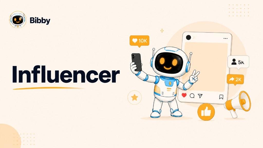 Bibby robot taking a selfie as an influencer, with a social post frame, 10K likes, 5K followers, 2K shares, a megaphone, and a thumbs-up.