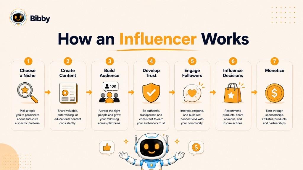 Infographic titled How an Influencer Works showing seven steps: choose a niche, create content, build an audience, develop trust, engage followers, influence decisions, and monetize.