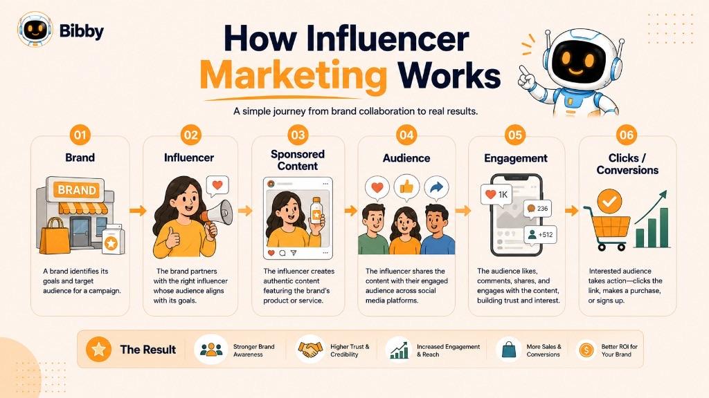 Infographic titled How Influencer Marketing Works showing six steps: brand, influencer, sponsored content, audience, engagement, and clicks or conversions.