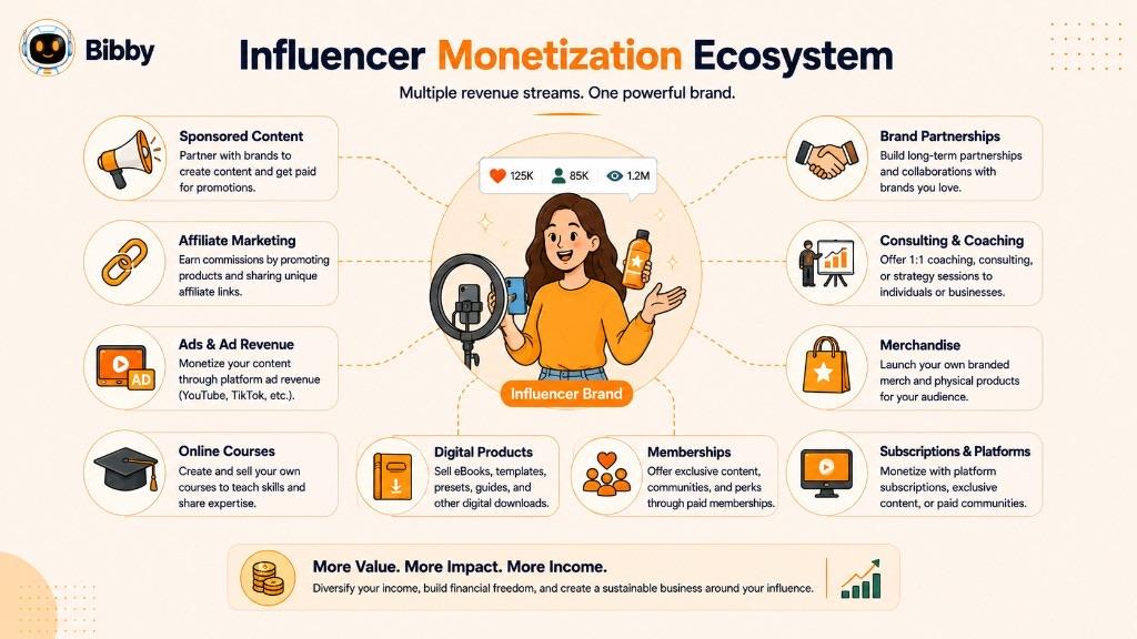 Infographic titled Influencer Monetization Ecosystem showing ten revenue streams around a central influencer brand, including sponsored content, affiliates, ads, courses, and merchandise.