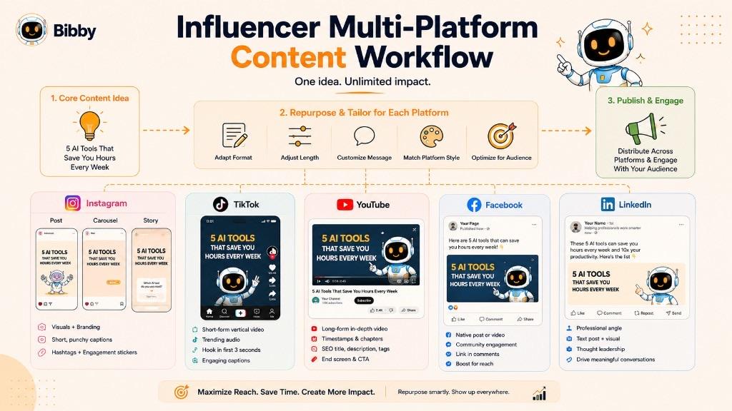 Infographic titled Influencer Multi-Platform Content Workflow showing one core idea adapted for Instagram, TikTok, YouTube, Facebook, and LinkedIn.