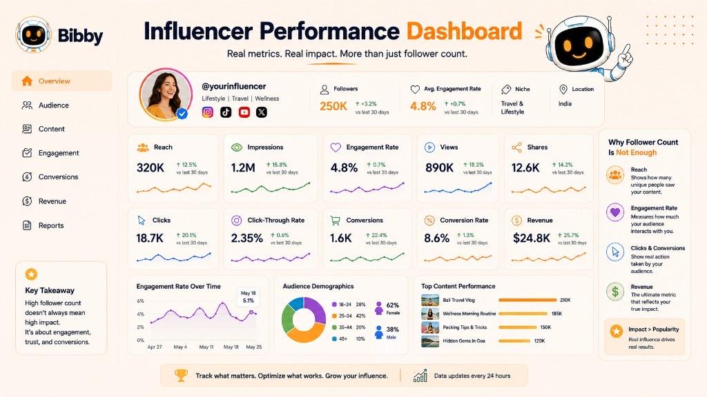 Illustration of reviewing influencer performance with reach, impressions, engagement, clicks, conversions, and revenue alongside follower count—use each platform's native analytics for actual numbers.