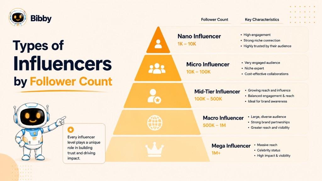 Infographic titled Types of Influencers by Follower Count showing a pyramid from nano (1K–10K) through micro, mid-tier, and macro to mega (1M+).