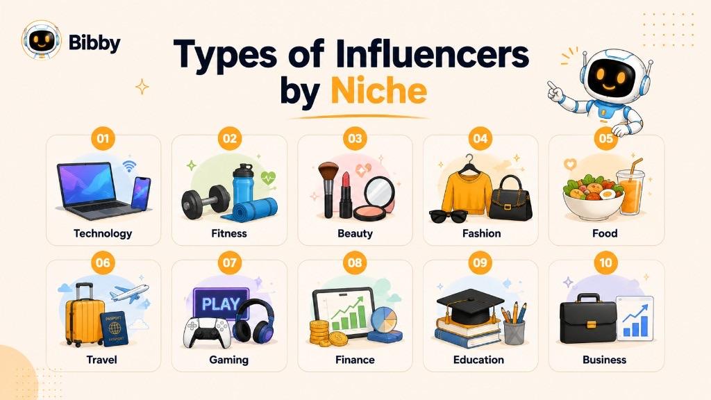 Infographic titled Types of Influencers by Niche listing technology, fitness, beauty, fashion, food, travel, gaming, finance, education, and business.
