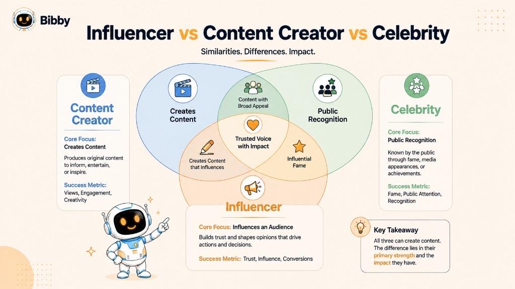 Infographic titled Influencer vs Content Creator vs Celebrity with a Venn diagram comparing creating content, influencing an audience, and public recognition.