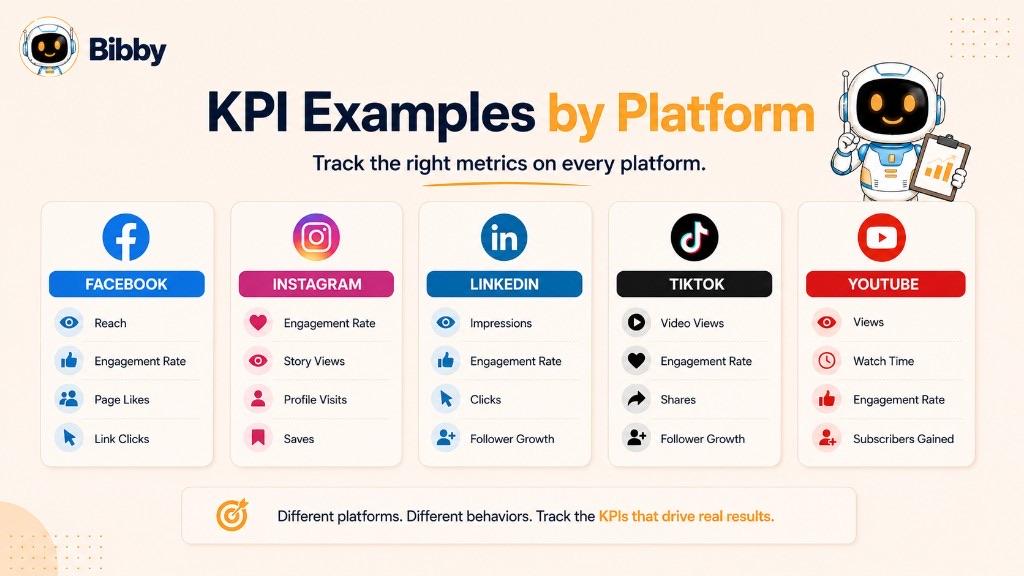 Infographic titled KPI Examples by Platform listing sample metrics for Facebook, Instagram, LinkedIn, TikTok, and YouTube.