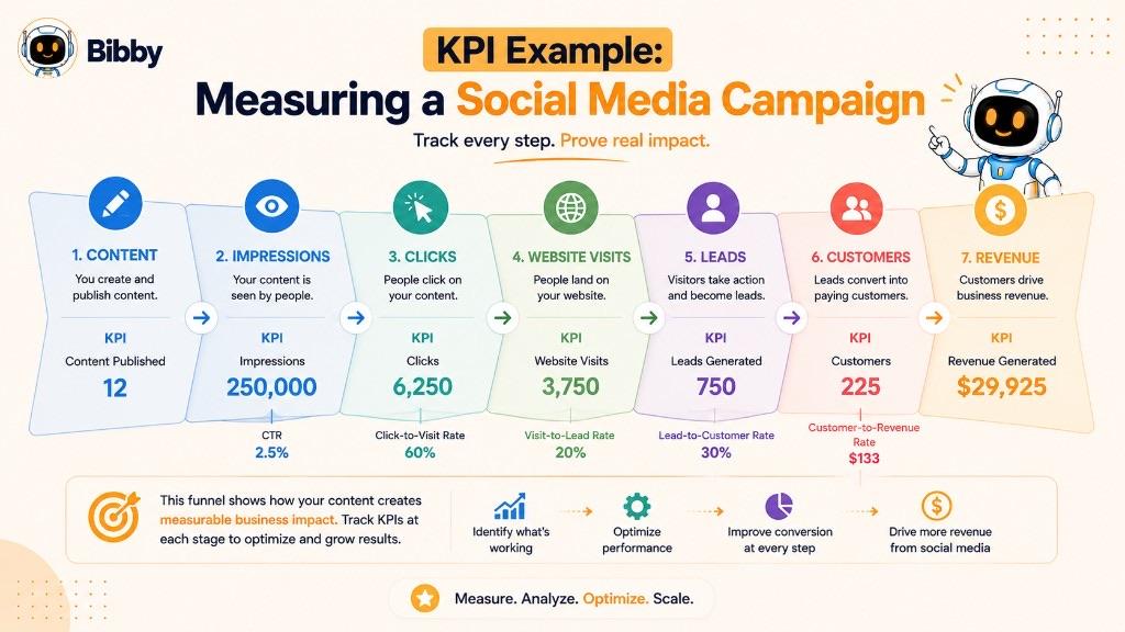 Infographic titled KPI Example Measuring a Social Media Campaign showing a funnel from content and impressions through clicks, visits, leads, customers, and revenue.