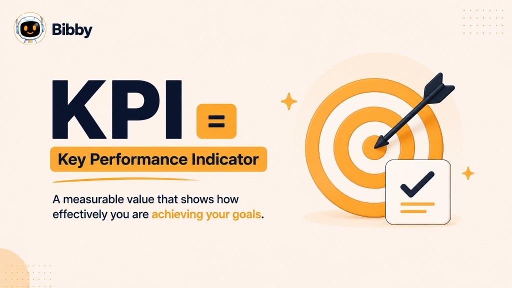 Infographic titled KPI equals Key Performance Indicator with a target and checkmark, defining a KPI as a measurable value that shows how effectively you are achieving your goals.