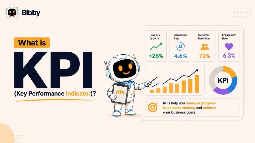 Bibby robot pointing at a KPI dashboard with revenue growth, conversion rate, customer retention, engagement rate, charts, and a target icon.