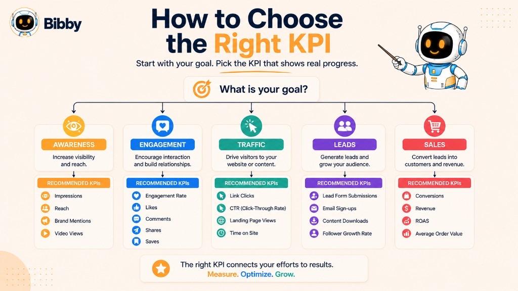 Infographic titled How to Choose the Right KPI mapping awareness, engagement, traffic, leads, and sales goals to recommended measurements.