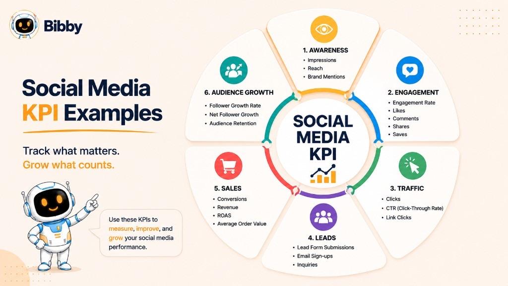 Infographic titled Social Media KPI Examples grouping metrics into awareness, engagement, traffic, leads, sales, and audience growth.