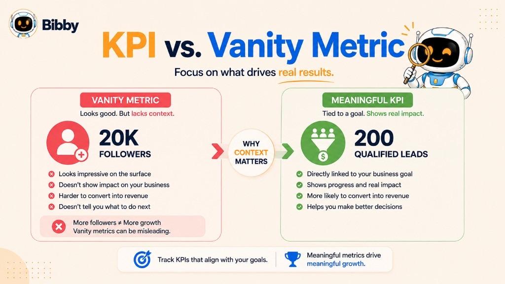 Infographic titled KPI vs Vanity Metric comparing 20K followers with 200 qualified leads and explaining why context matters.