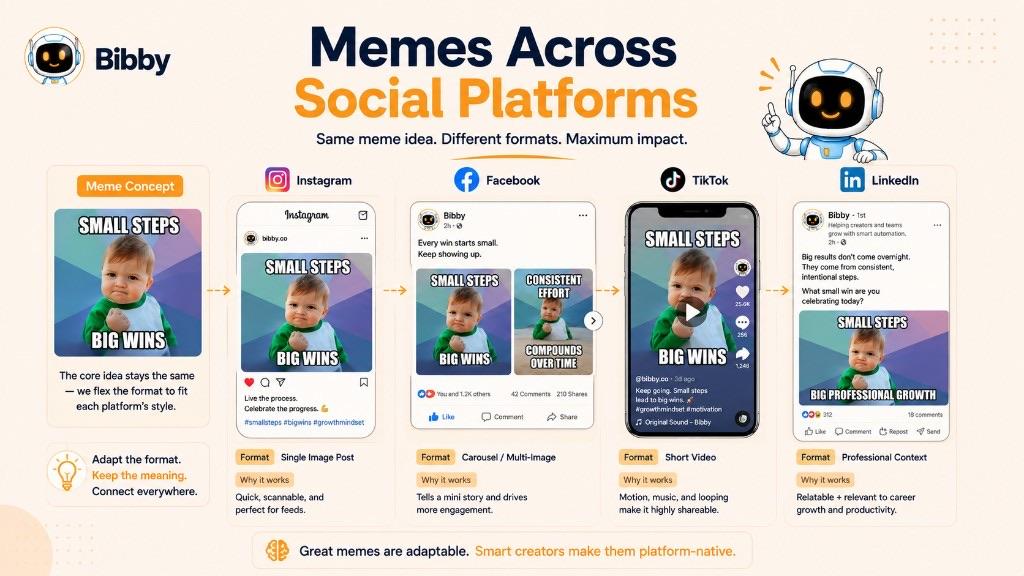Infographic titled Memes Across Social Platforms showing one meme concept adapted as an Instagram post, Facebook carousel, TikTok video, and LinkedIn post.