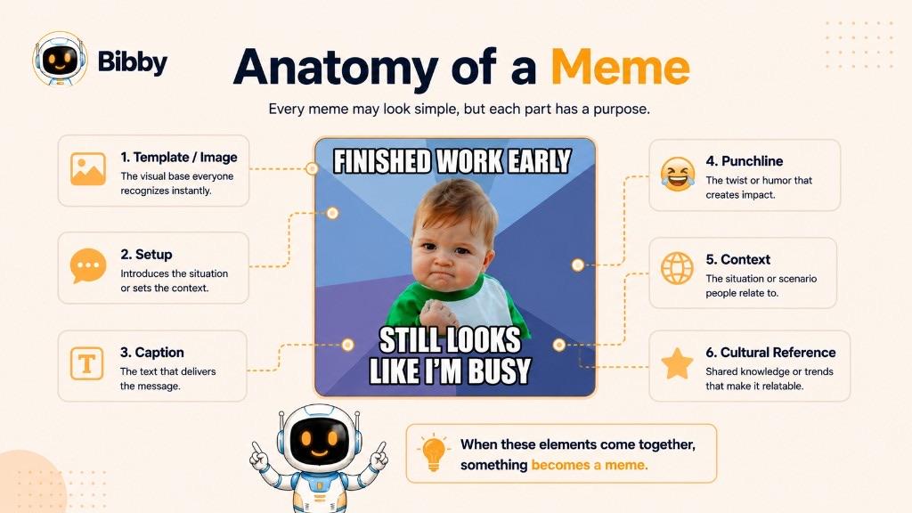 Infographic titled Anatomy of a Meme labeling template, setup, caption, punchline, context, and cultural reference on a sample image-macro.