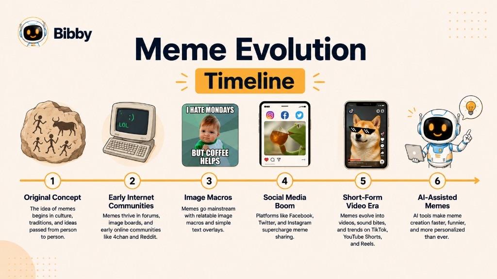 Infographic titled Meme Evolution Timeline from cultural imitation and early internet communities through image macros, social platforms, short-form video, and AI-assisted creation.