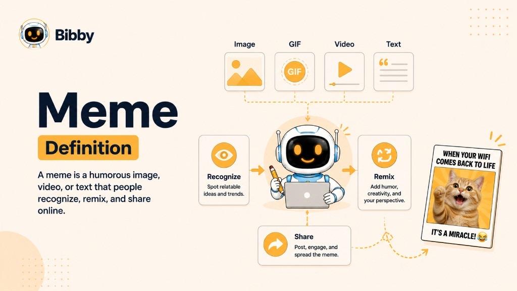 Infographic titled Meme Definition showing image, GIF, video, and text inputs around recognize, remix, and share, with a sample captioned cat photo.
